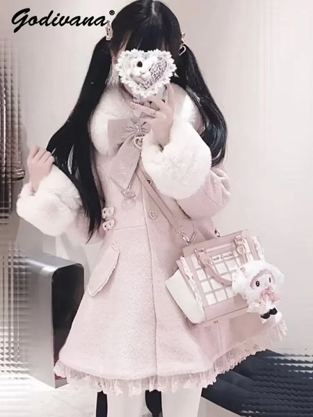 Winter Japanese Sweet Bow Slim Medium Long Woolen Coat Faux Fur Collar Lolita Girl Women's Pink White Wool Jacket Overcoat