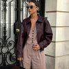 Loose PU Jacket Coats For Women Autumn Winter Long Sleeve Lapel Wine Red Coats Vintage Commuting Bomber Jackets