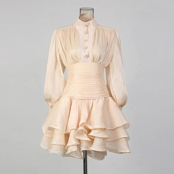 Solid Spliced Ruffles Dress Female Stand Collar Long Sleeve Loose French Elegant Women's Dresses Autumn