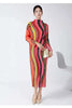 High Collar Long Sleeve Women Dresses Contrast Color Striped Pleated Slim Mid-Calf Elegant Clothing 2DC1022