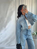 Denim Rhinestone Jacket Jeans Suits Women Single Breasted Lapel Short Coat Straight Pants Female Sets Autumn Street Casual