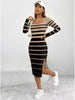 Women's Casual Maxi Dress Striped Color-Block Square Neck Long Sleeve Waist Cinched Skirt with Slit Comfortable Long Skirt