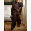 Women Frog Button Satin Jacket Lattern Pants Set Stand Collar Long Sleeve Top Wide Leg Pant Loose Fit Suit Summer Casual Outfits