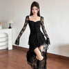 Mesh Patchwork Long Dresses Women Autumn Square Collar Flared Sleeve Ruffle Ribbon Street Sexy