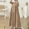 Autumn Women Long Vestidos Muslim O Neck Islamic Hijab Casual Loose Maxi Dress Tiered Long Sleeve Abaya Robes