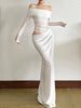 Slash Neck Dress Women Chic Elegant Sexy Patchwork Mesh Ruched Hollow Birthday Party Clubwear Vacation Vestidos