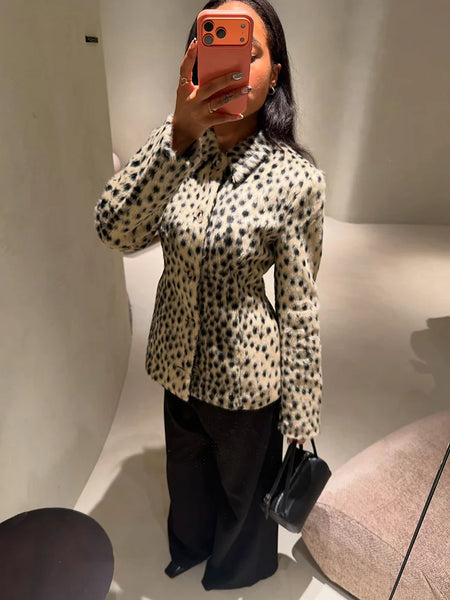Retro Leopard Print Faux Fur Short Jacket Chic Lapel Collar Single Button Long Sleeve Coat Autumn Daily Lady Casual Streetwear