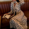 Retro Elegant Satin Polka Dots V Neck Maxi Dress Suit Women Ribbon Lace Full Sleeve Puff Sleeve Waist Cinched Long Dresses