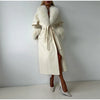 White Fur Patchwork Lace-up Overcoats Women's Street V-neck Full Sleeve Long Woolen Coat Winter Ladies Thick Outwear