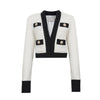 Autumn Women's Blocking Tweed Short Suit Coat V-Neck White Streetwear Elegant Casual Slim Outwear Crop Top