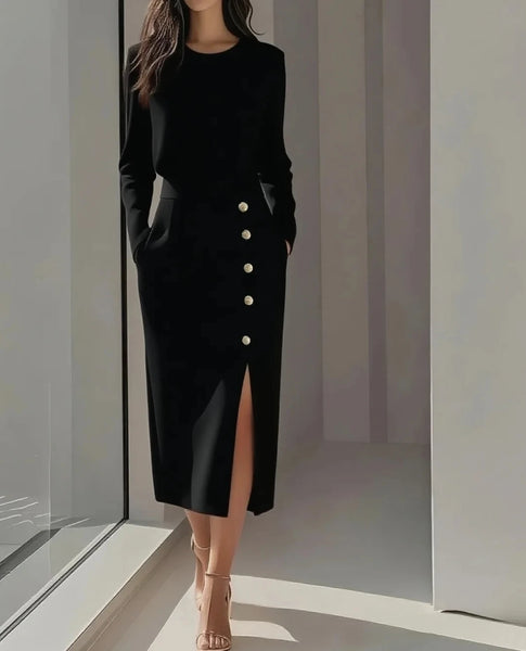 Women's Solid Color Long Sleeves Elegant Midi Dress with Button Details and Side Slit - Crew Neck