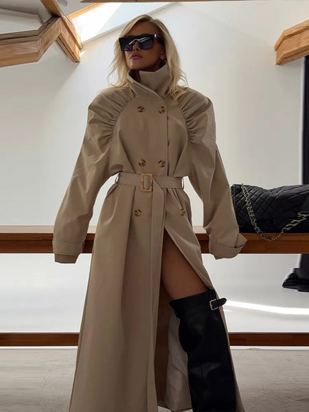 Casual Women Solid Loose Long Trench Coat with Belt Chic Stand Collar Double Breasted Oversize Long Jacket Autumn Outerwear