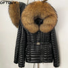 Oftbuy Winter Real Fox Fur Collar Coat Women Duck Down Jacket Female PU Leather Belted Hooded Warm Duck Down Parka Outerwear