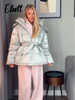 Warm Glossy Hooded Lace-up Cotton Coats Winter Female Casual Zipper Bottons Belted Overcoat Women's Solid Streetwear