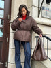 Women Brown Drawstring Waist Puffer Jacket Stand Collar Warm Cotton Padded Coat Casual Oversized Winter Parka Outerwear