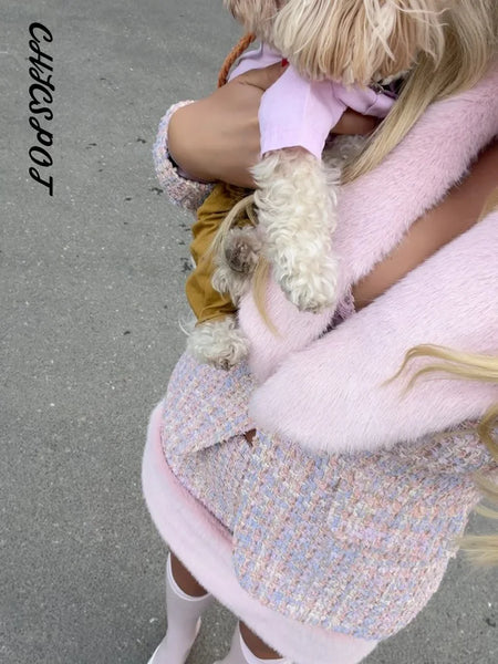Faux Fur Patchwork Tweed Coat Skirt Sets Women Elegant Long Sleeve Waist Cinching Jackets Mini Skirts Autumn Chic Ladies Outfits