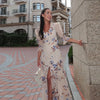 Sexy Print Women Long Dress Urban V-neck Single Breasted Ruffles Half Sleeve Female Dresses Spring Autumn Lady Robe