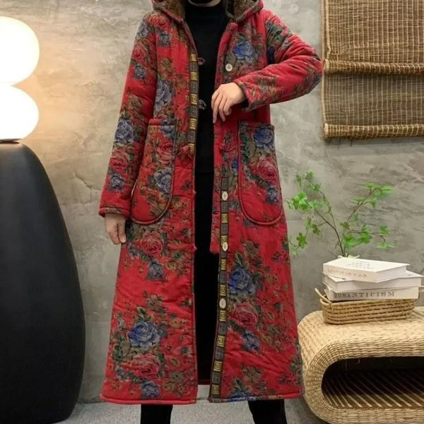 Vintage Winter Women Fleece Warm Cotton Coat Floral Print Mid-length Hooded Cotton-padded Jacket Windproof Coats