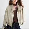 Women Slub Cotton Jackets Spring Cropped Tulip Silhouette Striped Cuff - Turn Up Stand Collar Tops