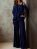 Women Casual Bat Sleeve Chiffon 2Pc Outfits Commuting Wide Legger Suits Sexy Slanted Shoulder Irregular Tops & Pant Set