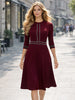 Women 3/4 Sleeve Elegant Autumn Cren Neck Work Office Loose A-Line Business Print Casual Fit And Swing Dress