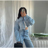 Denim Rhinestone Jacket Jeans Suits Women Single Breasted Lapel Short Coat Straight Pants Female Sets Autumn Street Casual