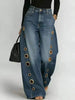 Women's High Waist Straight Leg Jeans Metal Ring Hollow Denim Pants Baggy Autumn Casual Long Jeans with Pockets Street Style