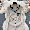 Autumn Winter Wear Dress Women Polo Single Breasted Pocket Design Bodycon Knitting Temperament Sweater Long Dresses