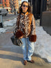 Leopard Patchwork Faux Fur Cuff Coats Women Round Neck Long Sleeve Single Breasted Slim Jacket Chic Ladies Outerwears
