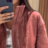 Suede Stand Collar Cropped Jacket Ribbed Hem Autumn Women Retro Daily Outerwear Chic Street Ladies Coat