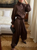 Women Frog Button Satin Jacket Lattern Pants Set Stand Collar Long Sleeve Top Wide Leg Pant Loose Fit Suit Summer Casual Outfits