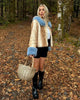 Women Deer Print Faux Fur Cropped Coats Blue Contrast Lapel Cuff Button Up Fluffy Warm Coat Winter Casual Chic Wear