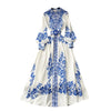 Elegant Blue And White Porcelain Flower Print Dresses Women Stand Collar Lantern Long Sleeve Belt Vintage Single Breasted Robe
