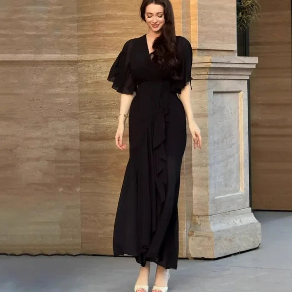 Solid Long Dress Women Flare Sleeve A Line Dresses Casual Ruffles Midi Waist Vestidos V Neck Office Lady Slight Strech