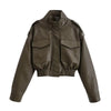Winter Faux Leather Bomber Jacket Women Short Zipper Front Lapel Outerwear Multiple Pockets Warm Jackets