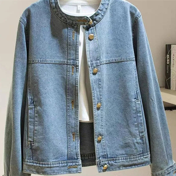 Retro Lady Stand-up Collar Jeans Top Outwear Femme Leisure Short Denim Coat Spring Autumn Women Long Sleeves Cowboy Jacket