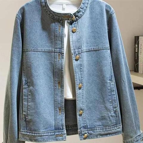 Retro Lady Stand-up Collar Jeans Top Outwear Femme Leisure Short Denim Coat Spring Autumn Women Long Sleeves Cowboy Jacket