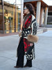 Vintage Ethnic Geometric Print Coat Women Belted Waist Faux Fur Cuff Patchwork Open Front Maxi Robe Autumn Winter Chic Cardigan