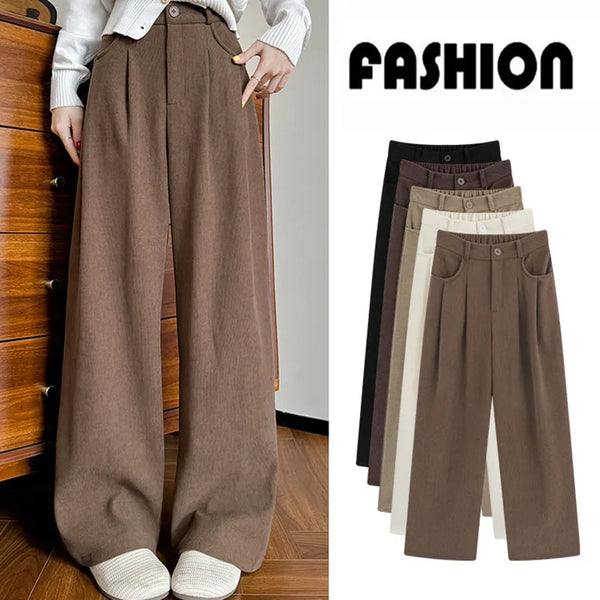 Retro Maillard Brown Corduroy Pants for Women Autumn Winter Wide Leg Pants Female Casual High Waist Straight Leg Trousers