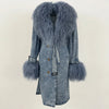 Lady Denim Jacket Mongolian Fur Collar Jacket Autumn Winter Long Trench Coat Fur Detachable Collar Fur Overcoats