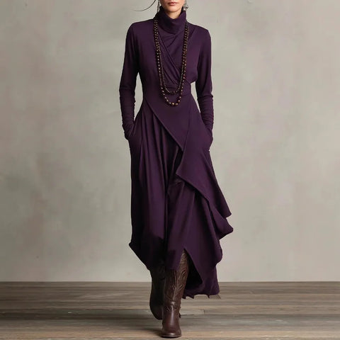 Vintage Pocket Asymmetric Dress for Women's Long Sleeve Solid Turtleneck Minimalist Retro Casual Autumn Long Dresses