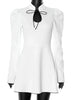 Puff Sleeve Contrast Color Mini Dress Female Retro Elegant Stand Collar Hollow Lace Up A-Line Dress Tight Waist