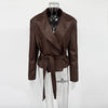 Burgundy PU Jacket Women Autumn Slim Lace Up Blazer Top Fall Casual Leather Jackets Coat Femme