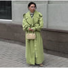 Green Belted Waist Long Coat For Women Elegant Lapel Long Sleeve Casual Jacket Lady Spring Chic Street Outerwear