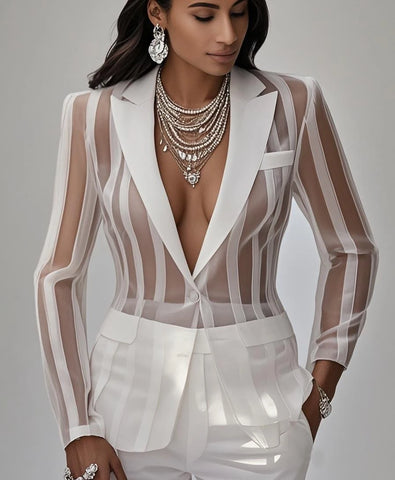 Blazer Coat American Style Women's Perspective Striped Suit Coats Sexy Casual Mujer Long Sleeve Outerwears