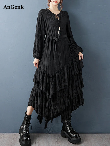 Irregular Black Vintage Pleated Dresses For Women Loose Casual Long Sleeve Midi Dress Clothing Spring Autumn