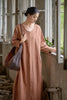 Vintage Women Ramie Cotton Dresses V-Neck Long Sleeve Spring Robes Loose Chinese Style Tie-dye A-Line Dress
