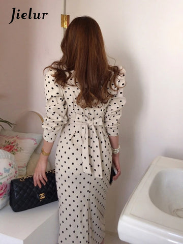 Vintage Elegant Polka Dot Corduroy Dress Korea Long Sleeves Midi Dresses for Women V-Neck Slim Vestidos Autumn