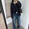 Double Zipper Turn-Down Collar Knitted Cardigan coat for women chic Thickened Loose lapel sweater jackets 26D5571