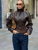 High Street PU Jacket Woman Zip Button Turtleneck Full Sleeve Navel Exposed Girls Motorcycle Style Classic Clothing
